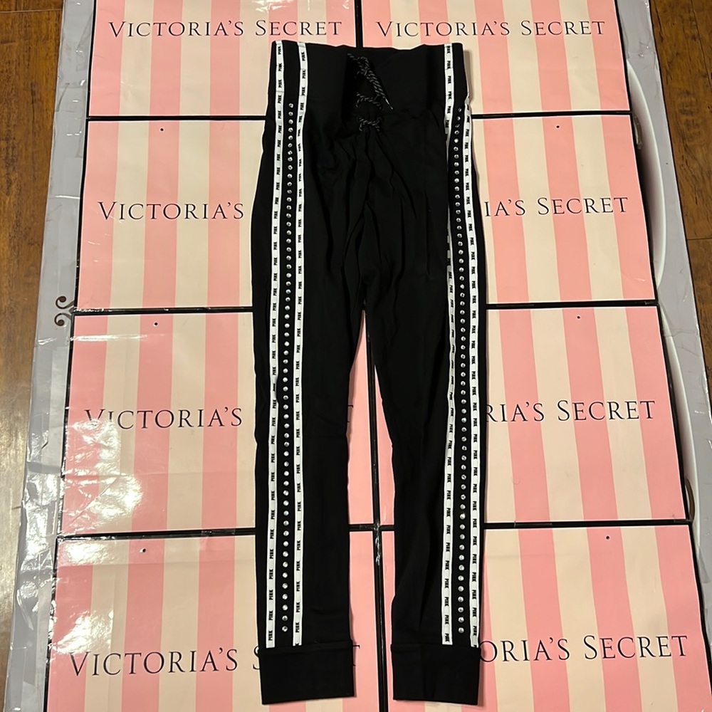 VS Pink bling large rhinestone lace up side track logo campus leggings